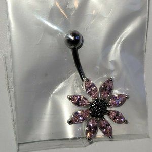 Flower Fancy Belly Button Navel RIng Titanium Shaft/Rhodium Plated Pink
